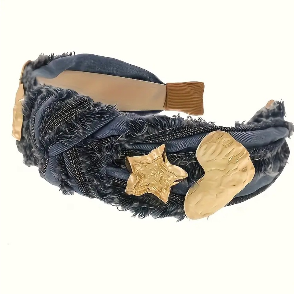 Dark Blue Gold Heart & Star Denim Headband